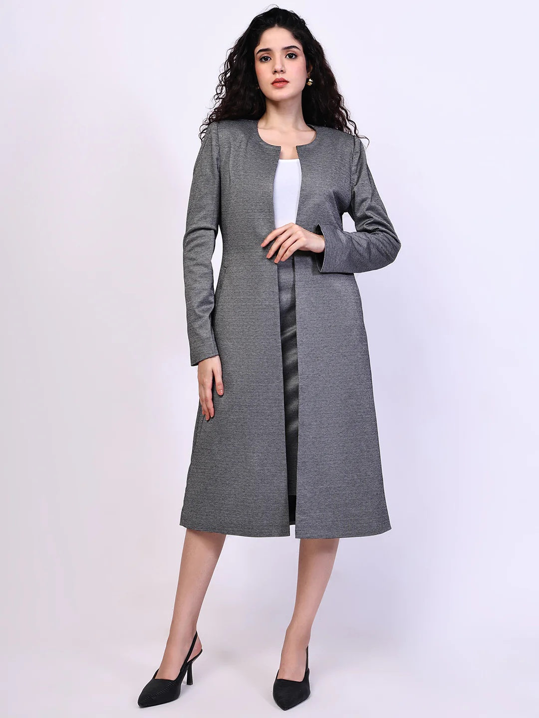 Exude Crowned Confidence Long Blazer and Midi A-line Skirt Black-White Co-ord Sets