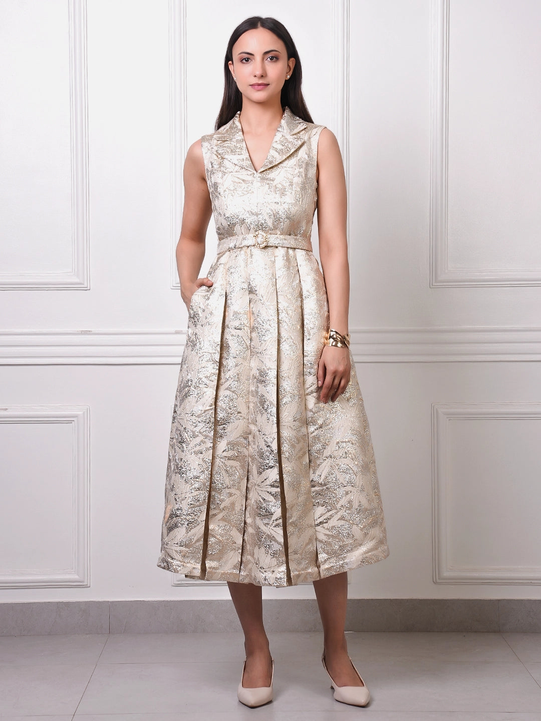 Gold Jacquard Belted Midi Dress