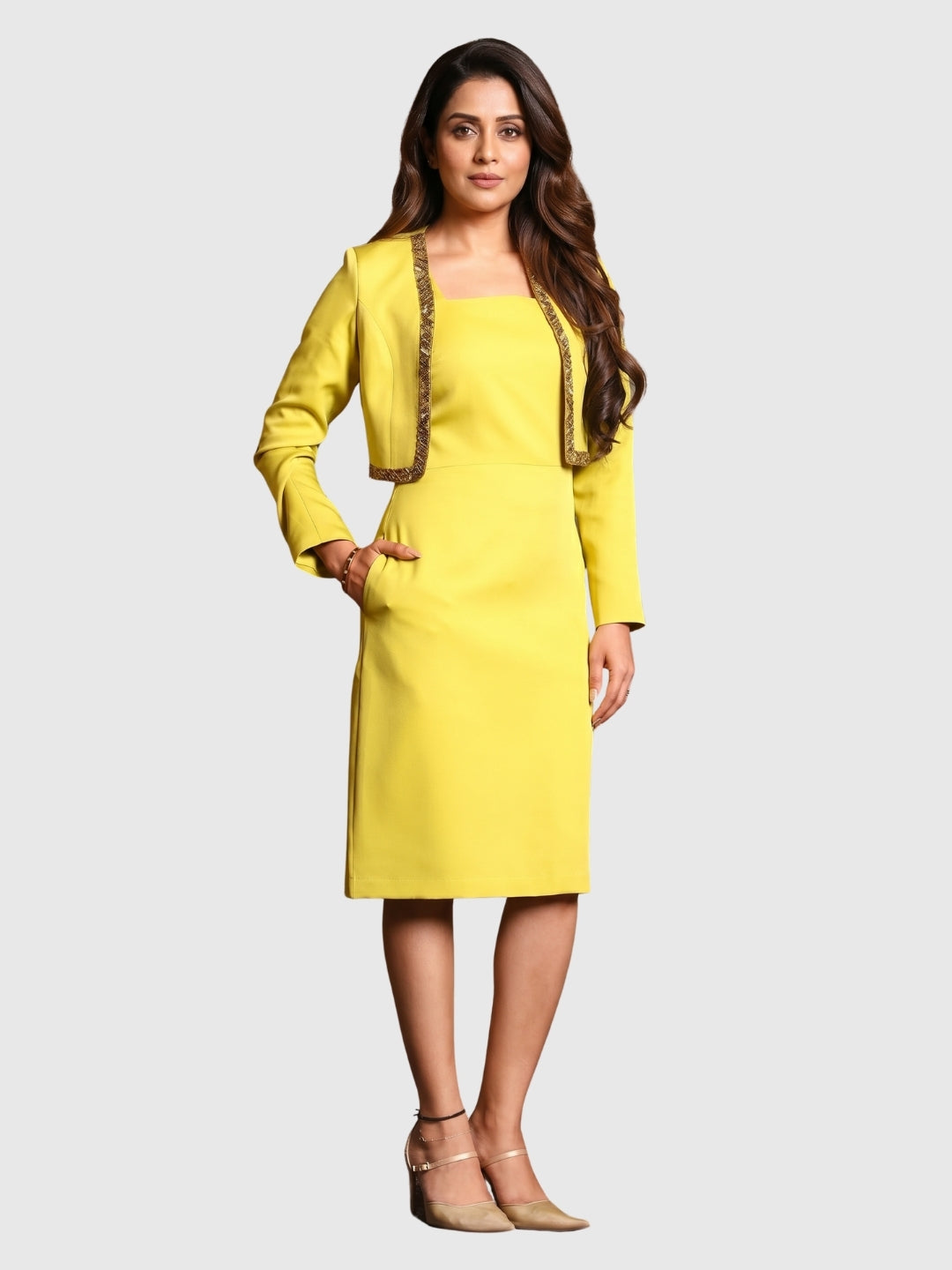 Exude Yellow Embellished Cropped Blazer