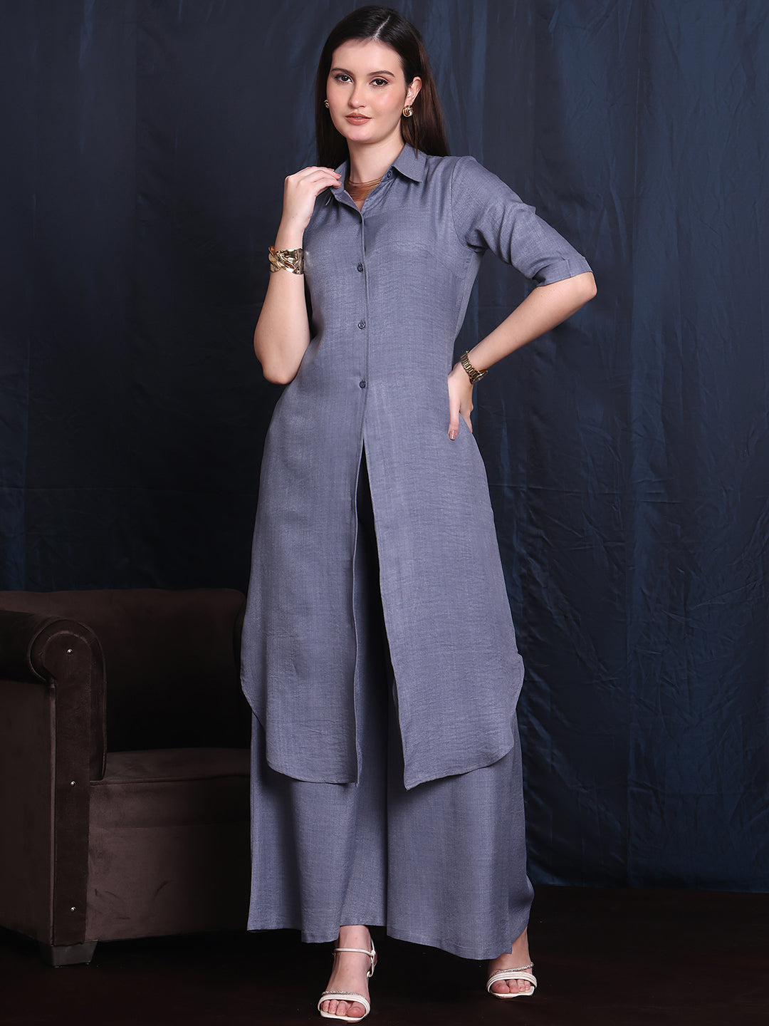 Exude Brave Heart Linen Wide Leg and Collar Top Set 