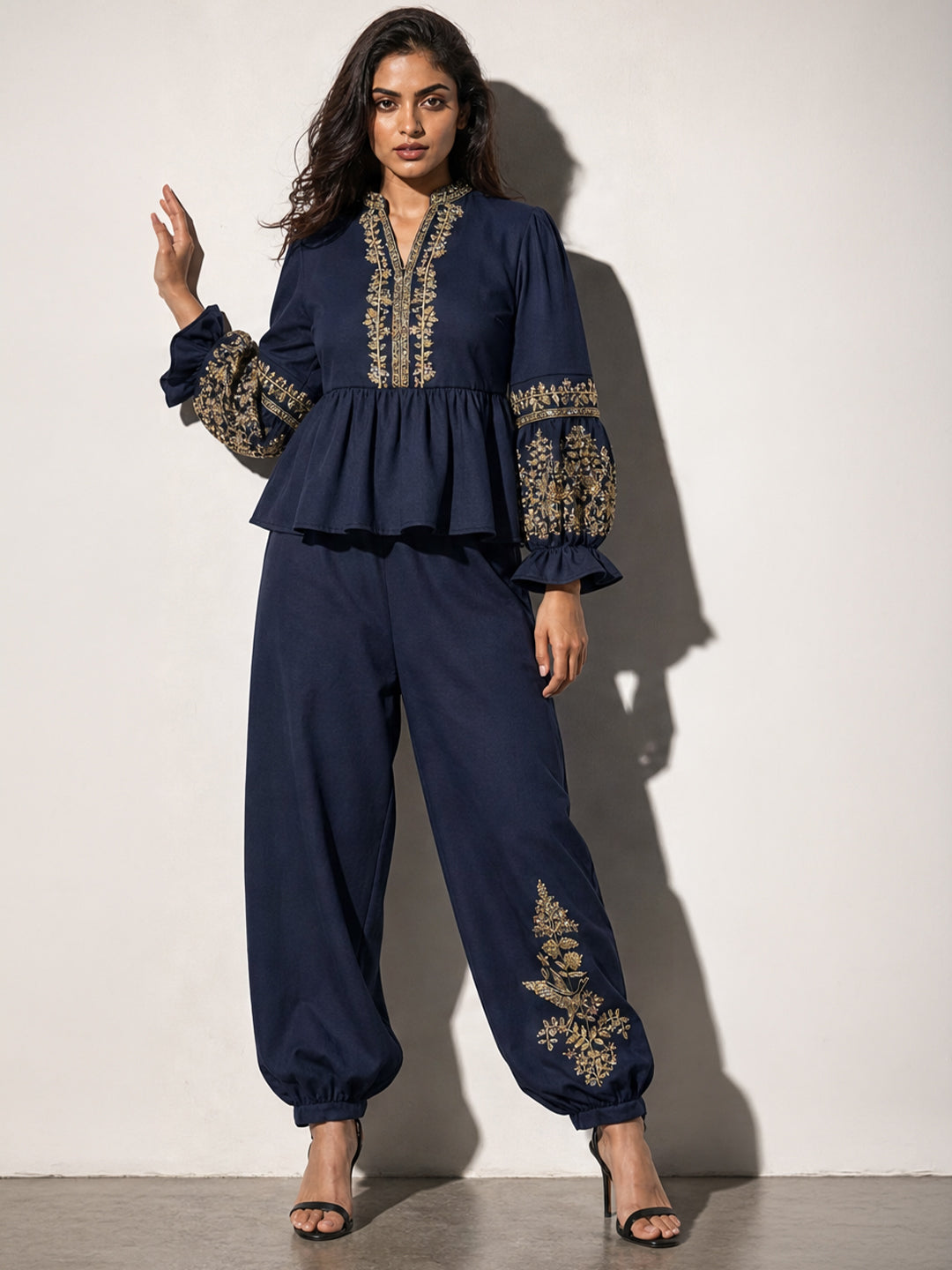 Navy Blue Embroidered Peplum Top &amp; Pants Co-ord Set