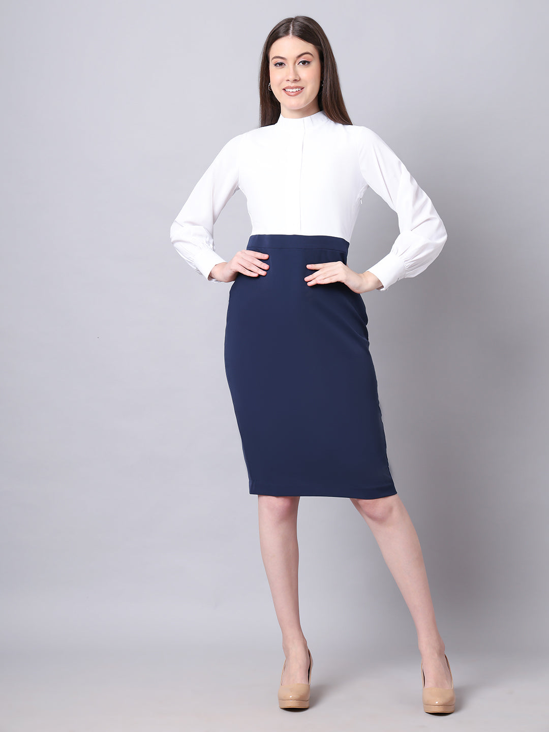 Exude Show-Stopping Colour Block with High Neck Dress (Navy)