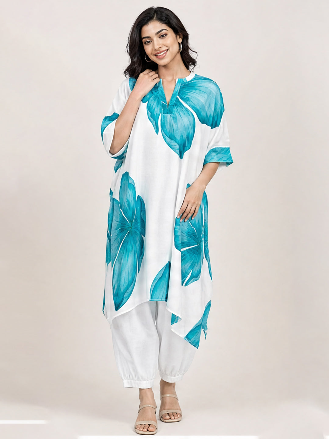 White &amp; Blue Floral Printed Kaftan Co-Ord Set