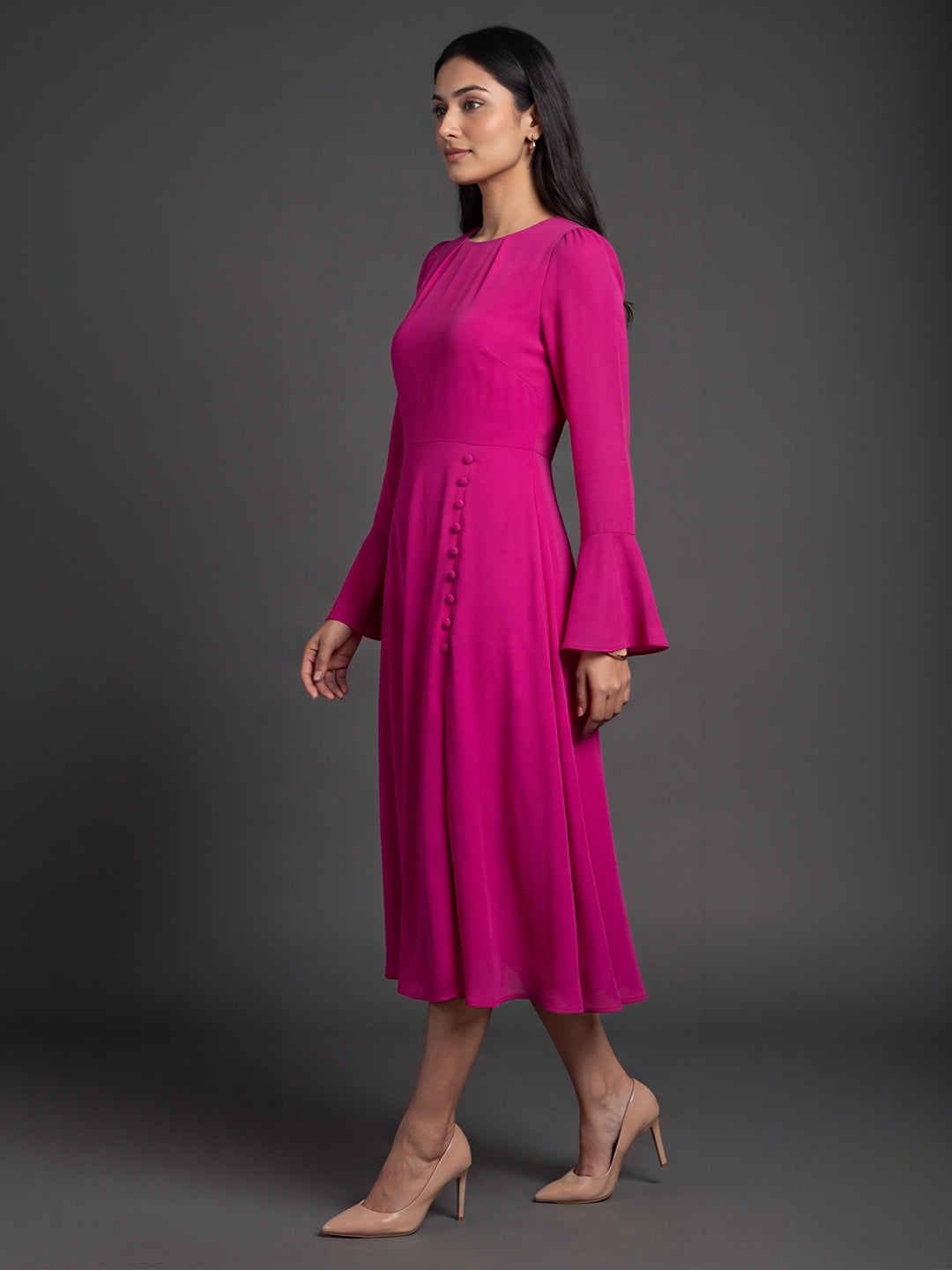 Exude Gleaming Fit &amp; Flare Dress with Long Sleeves (Rosy Pink)