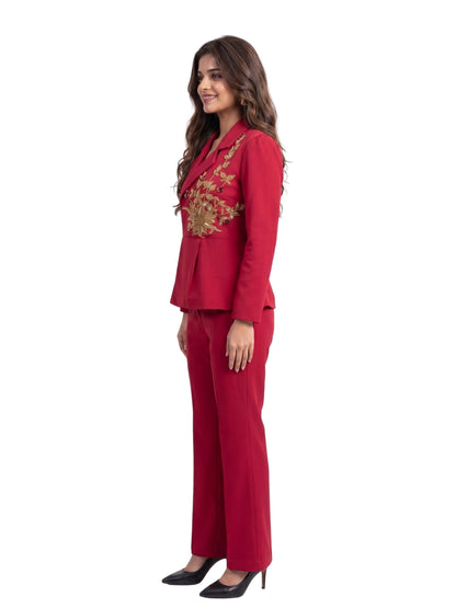 Exude Scarlet Bloom Embroidered Blazer Set