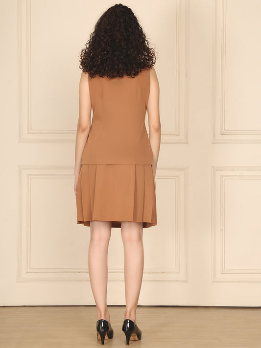 Exude Pleat & Polish Skirt and Waistcoat Set Beige