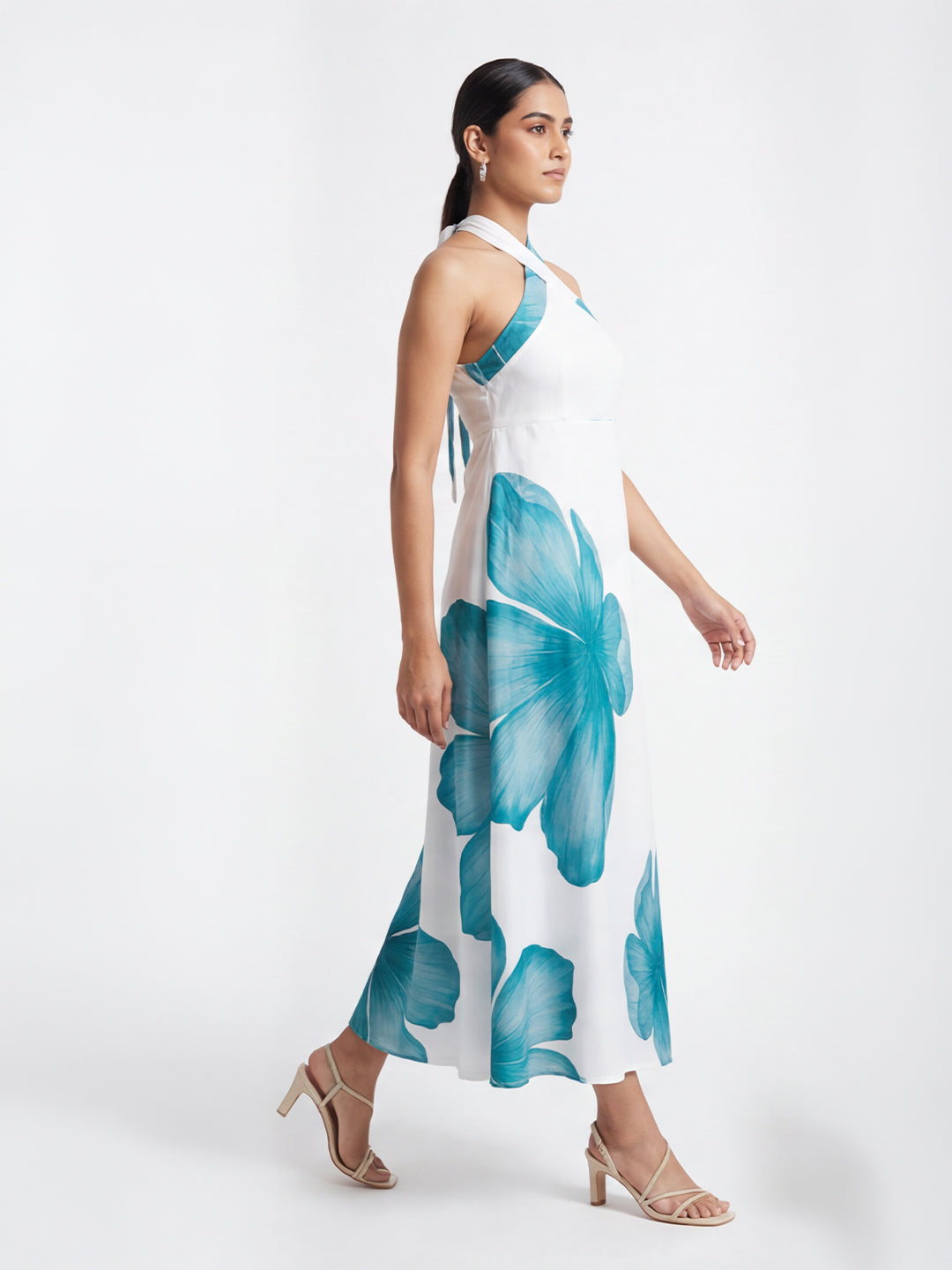 Exude Azure Bloom Cross-Halter Midi Dress