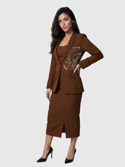 Exude Mocha Grace Embroidered Blazer Skirt Set