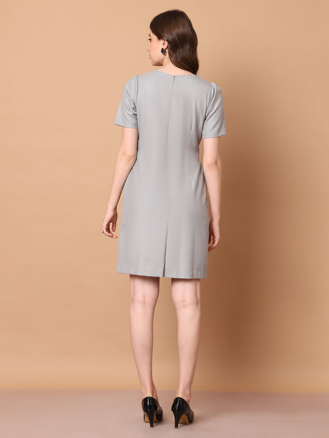 Exude Chic Revolution Suiting Fabric Front Button Shift Dress (Grey)