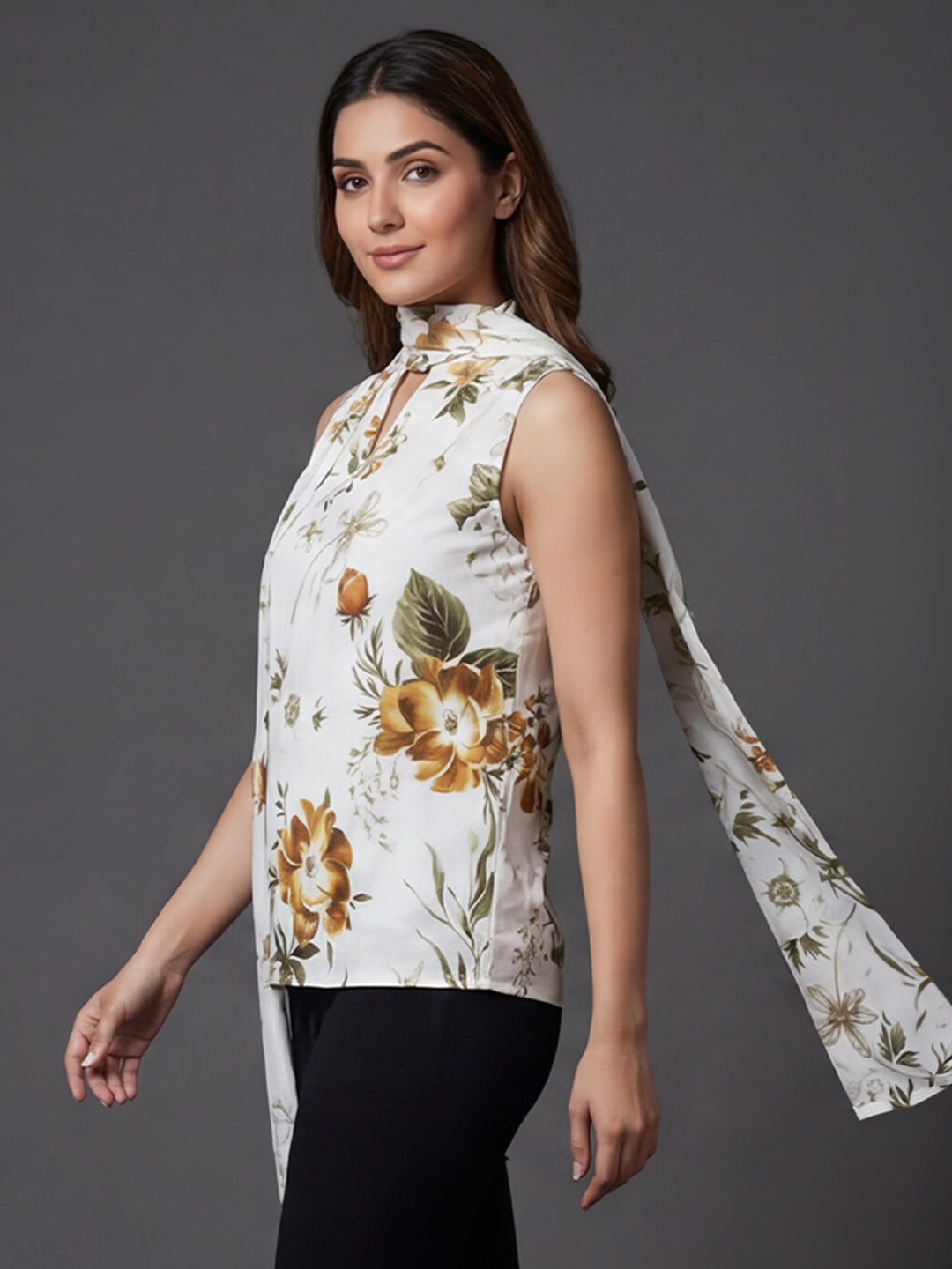 Ivory Floral Print Sleeveless Top with Attached Scarf