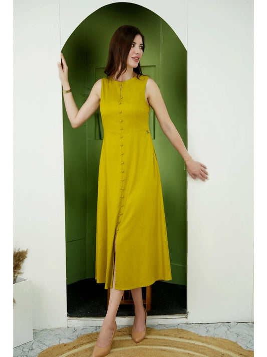 Exude Glowing Front Button Dress With Pockets (Lime Green)