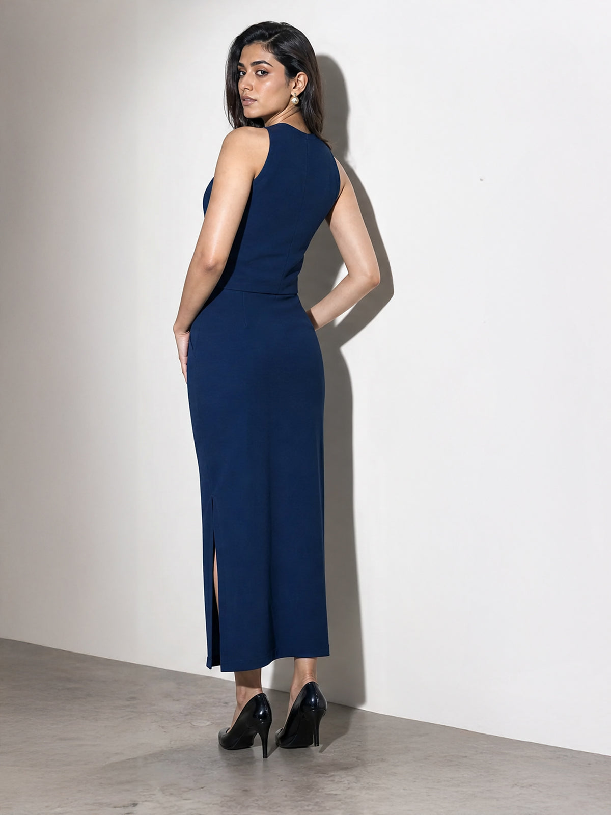 Exude Runway-Ready Long Skirt with Halter Top (Royal Blue)
