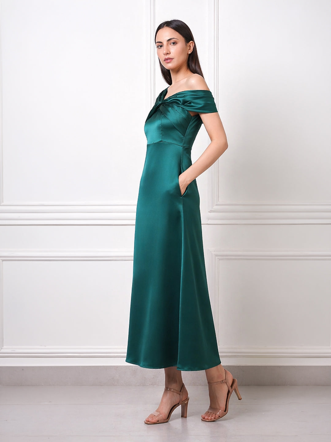 EXUDE Emerald Twist Off-Shoulder Satin Midi Dress
