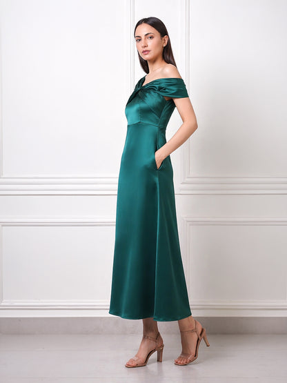 EXUDE Emerald Twist Off-Shoulder Satin Midi Dress
