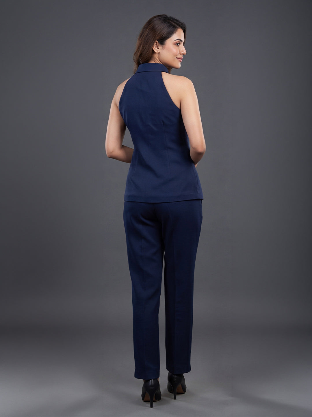 Navy Blue Halter Collar Top &amp; Straight Leg Trouser Co-ord Set