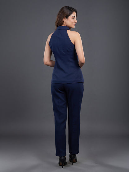 Navy Blue Halter Collar Top &amp; Straight Leg Trouser Co-ord Set