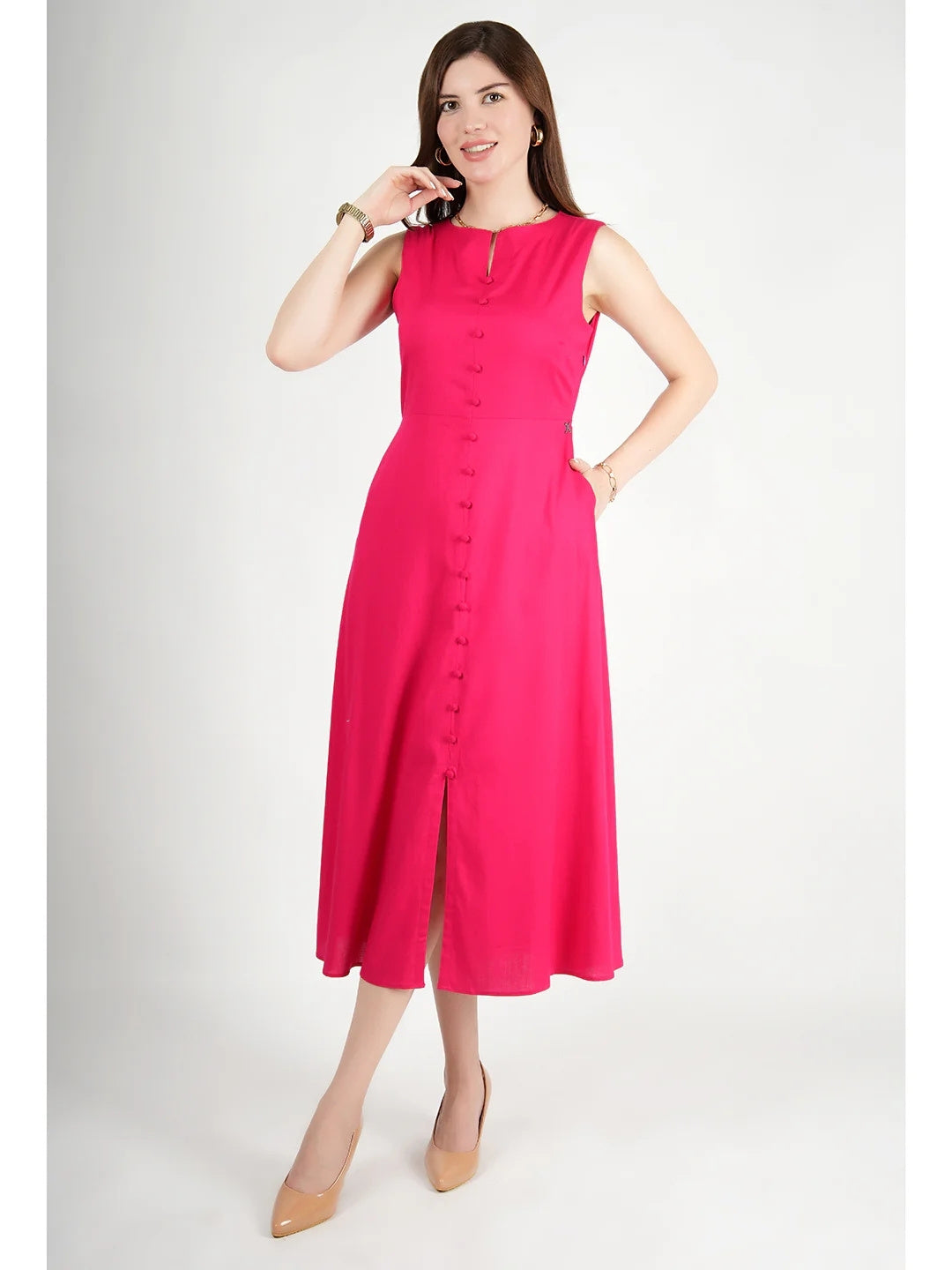 Exude Glowing Front Button Dress With Pockets Fuscia Dresses