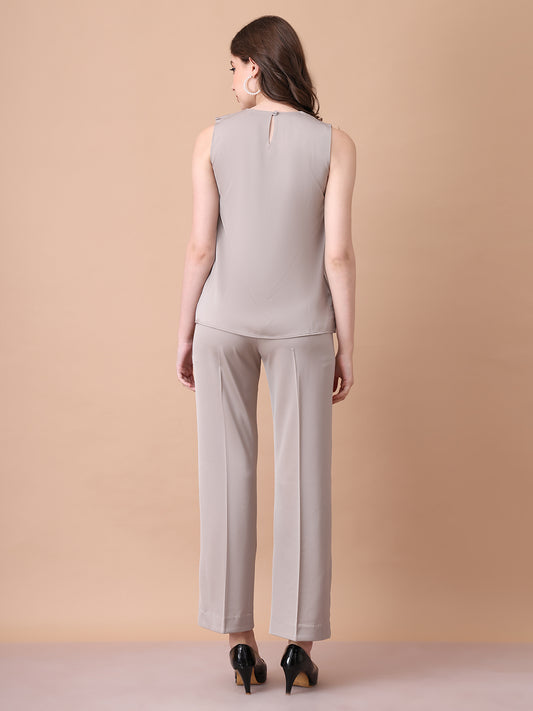Exude Unbreakable Soft Matt Satin Overlay Sleeveless Top Paired With Straight Fit Trousers Light Beige Co-ord Sets