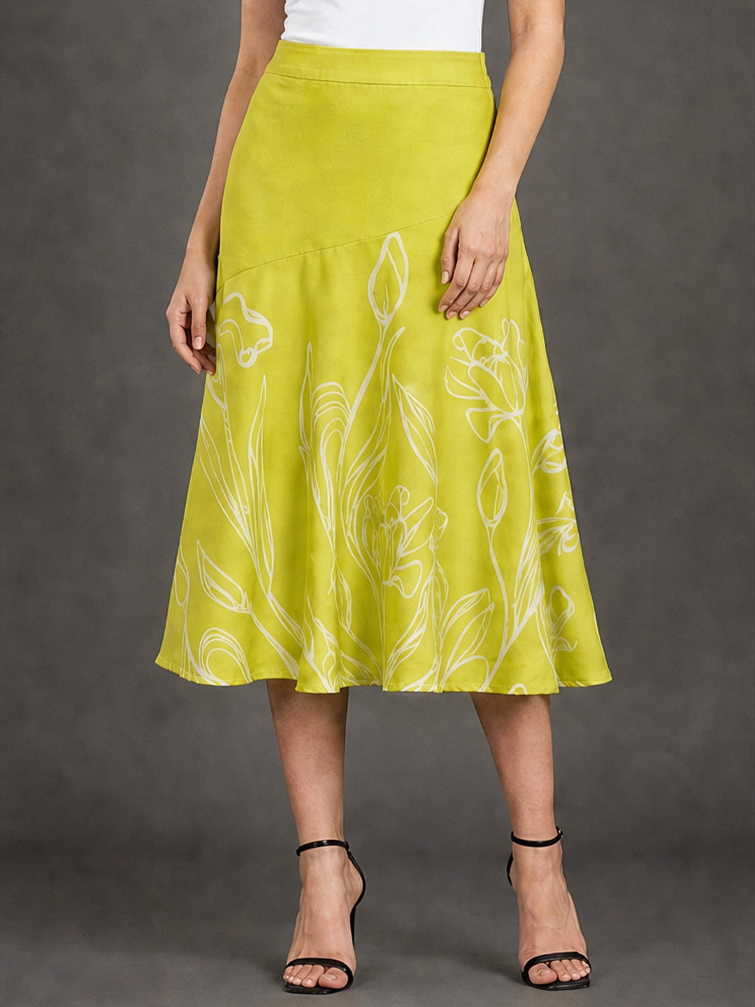 Lime Green Floral Line Art A-Line Midi Skirt