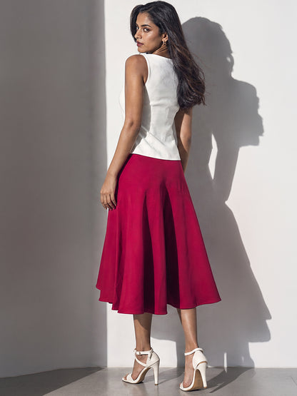 White Peplum Top &amp; Red Flared Midi Skirt Set