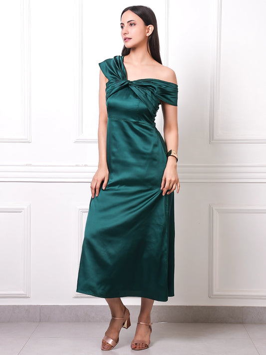 EXUE Emerald Twist Off-Shoulder Satin Midi Dress