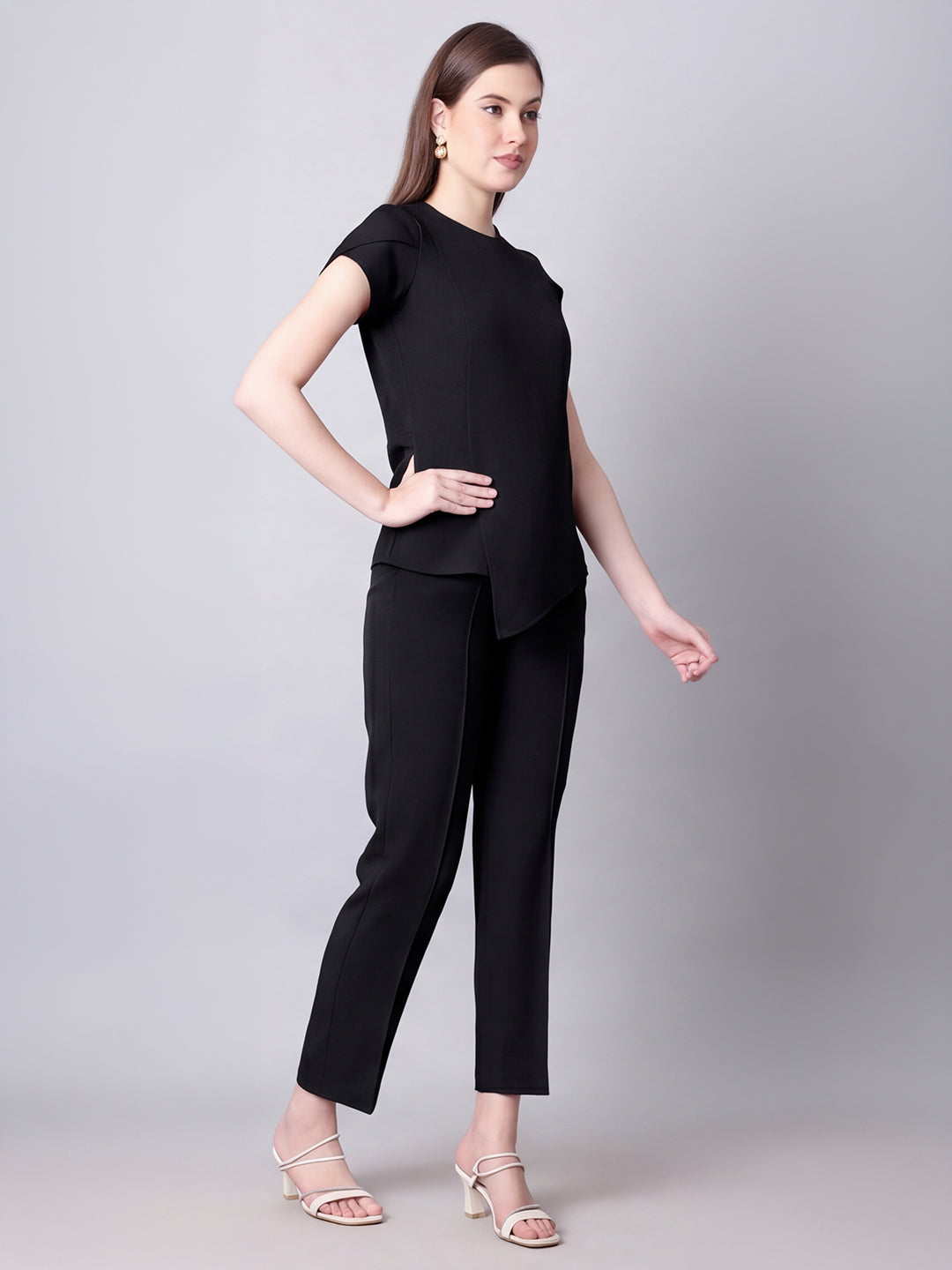 Exude Iconic Asymetrical Top with Straight Fit Trouser Co-ord (Black)