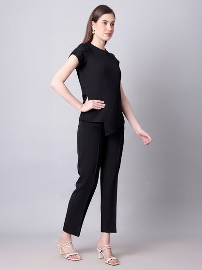 Exude Iconic Asymetrical Top with Straight Fit Trouser Co-ord (Black)