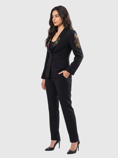 Exude Noir Blossom Embroidered Pantsuit