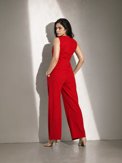Exude Elusiveness Solid Wide Leg Trousers With Waist-Coat Top Co-ord (RED)
