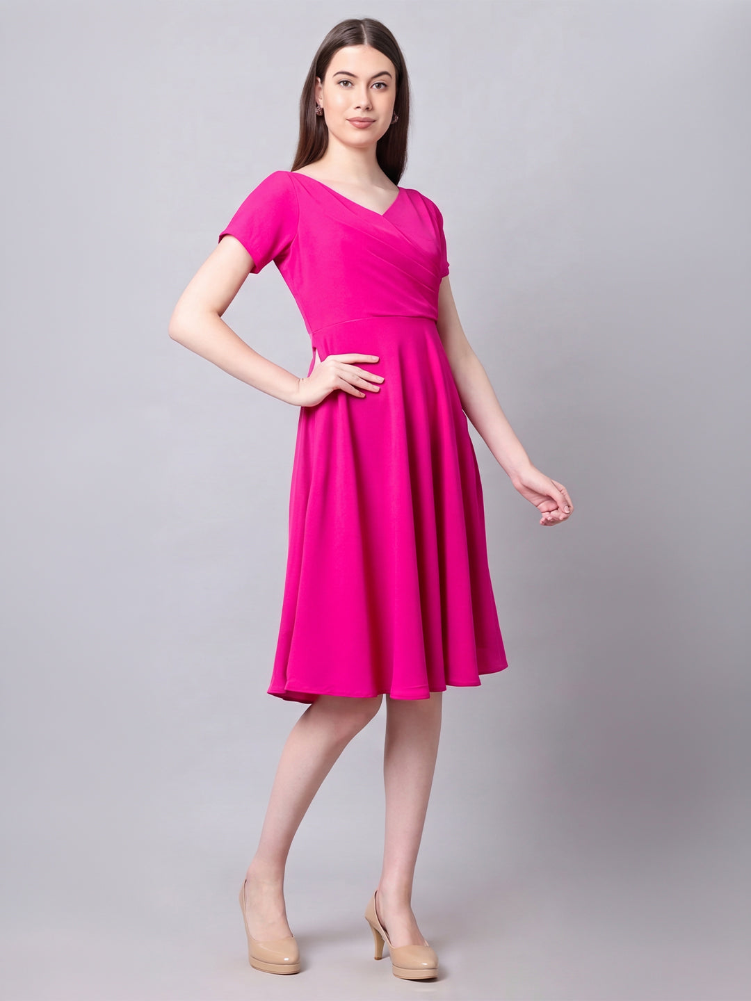 Exude Intrepid V-Neck Front Pleat Dress with Pockets (Fuchsia)