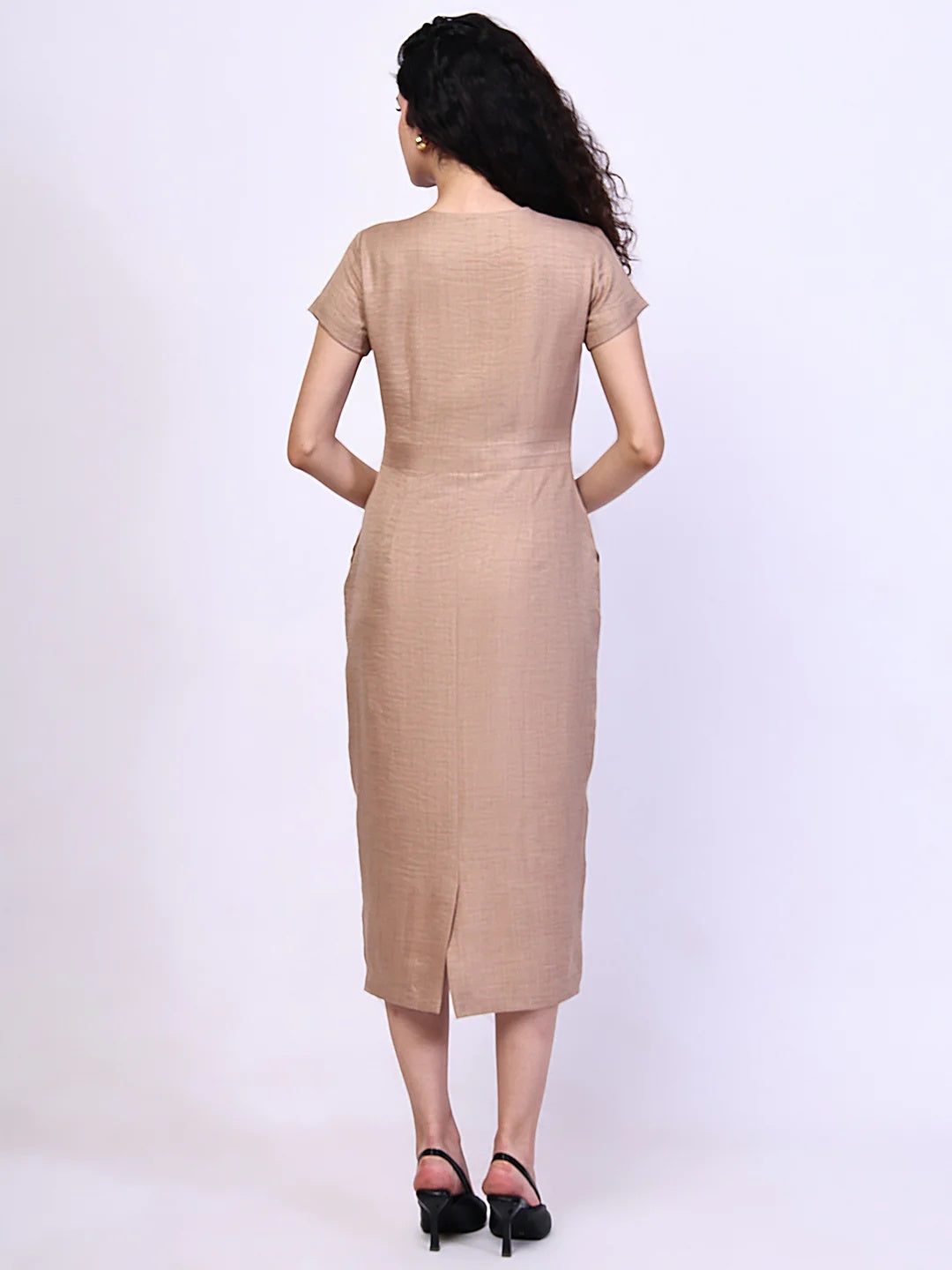 Exude Composure Sheath Midi Dress Beige Dresses