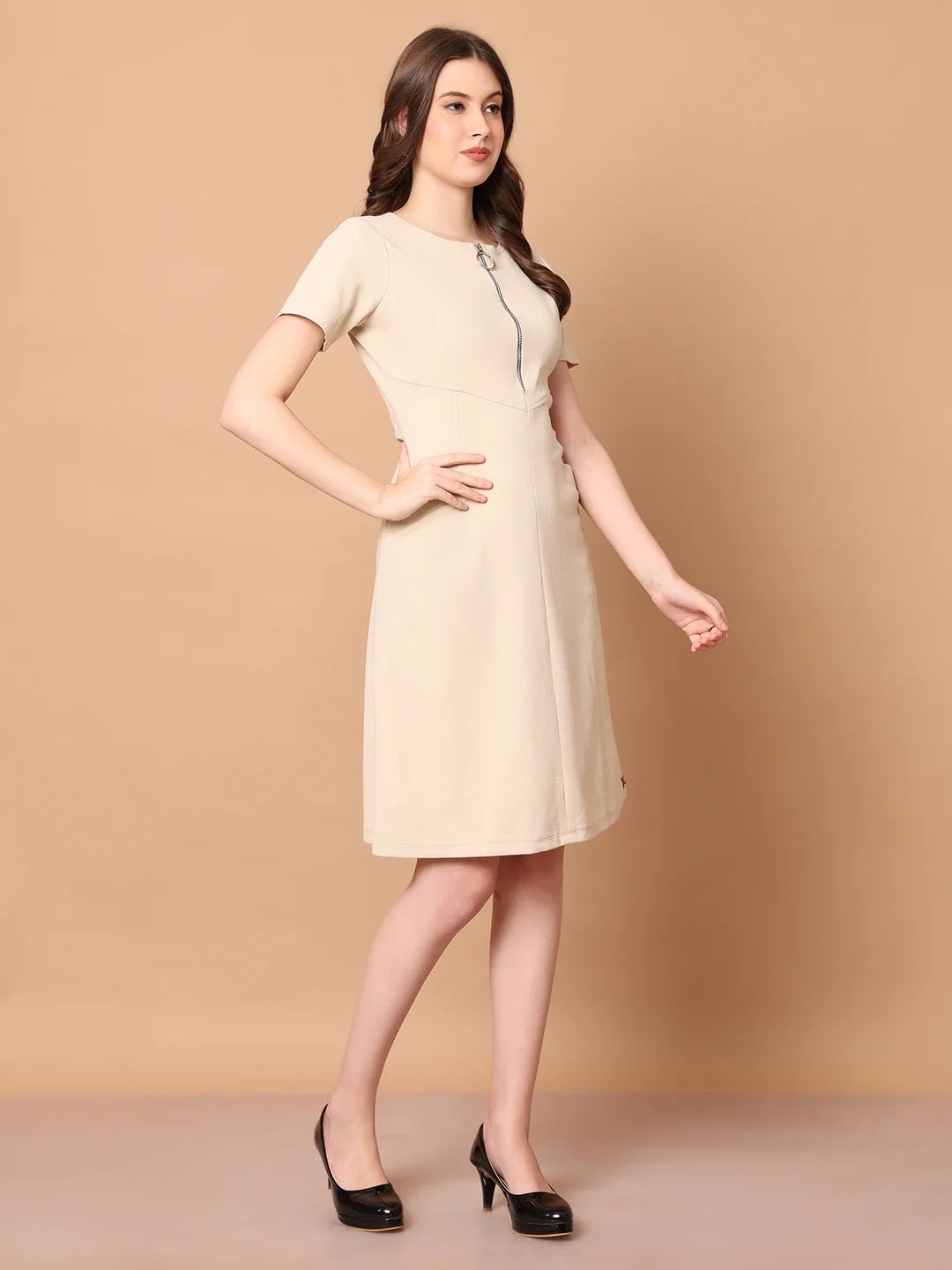Exude Celebration A-line Zip Dress With Pockets Beige Dresses