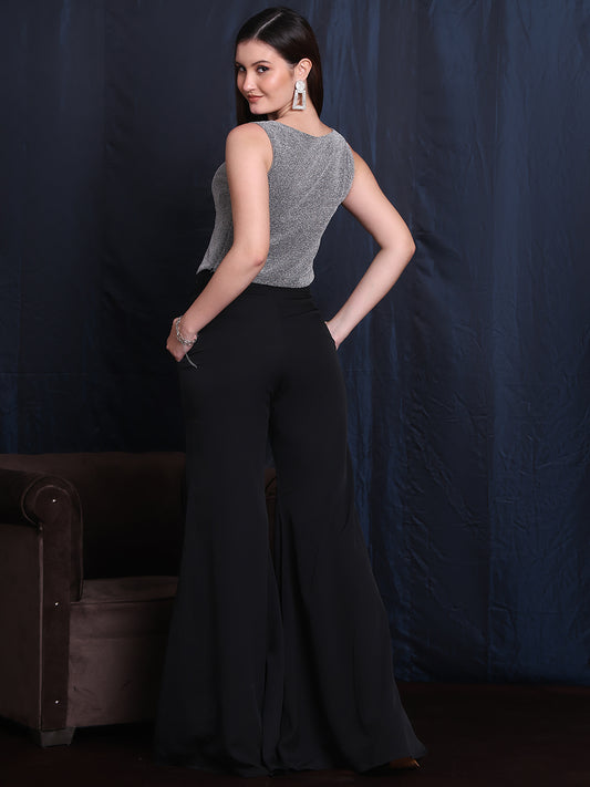 Exude Starlit Elegance 2 Piece Co-ord Set, Silver Waistcoat and Black Chiffon Trouser
