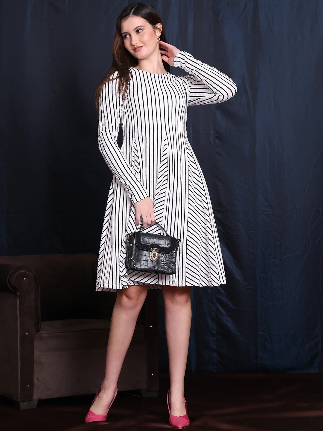 Exude Gleam & Grace A-line Dress With Unique Paneled Skirt Detailing 