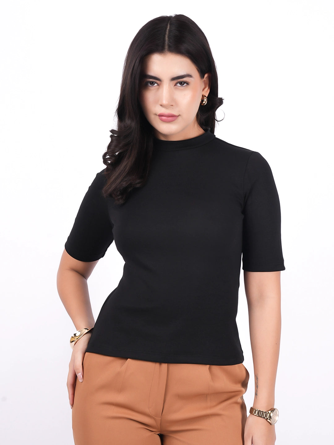 Exude Essential Ribbed Black Top Tops