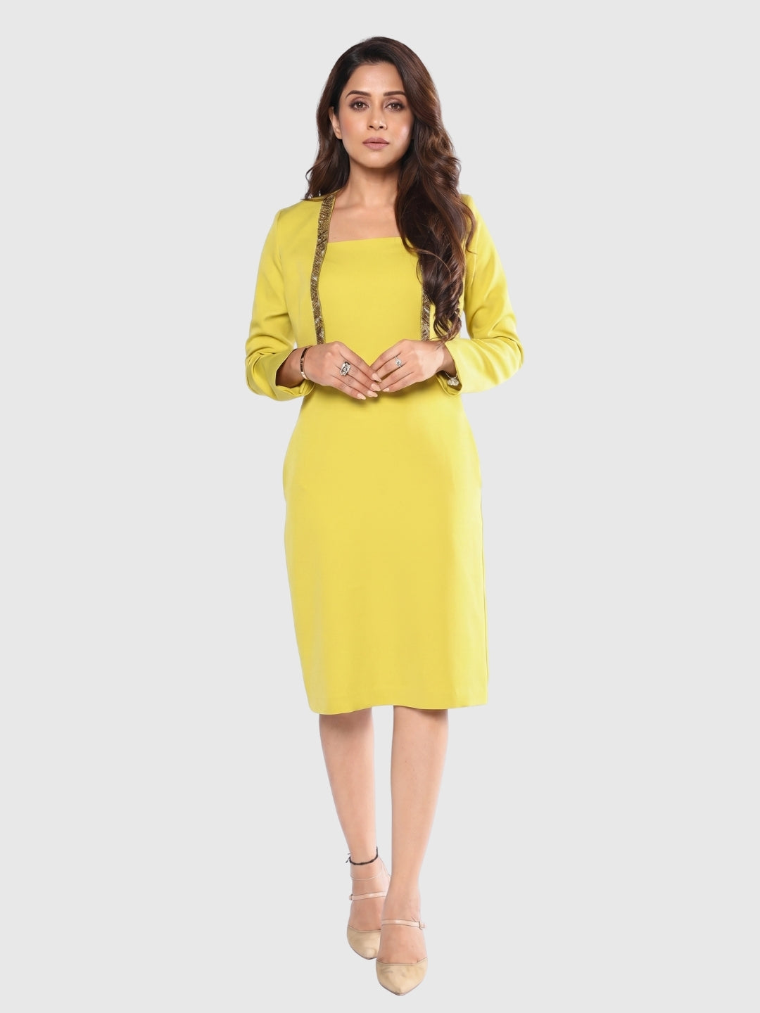 Exude Yellow Embellished Cropped Blazer