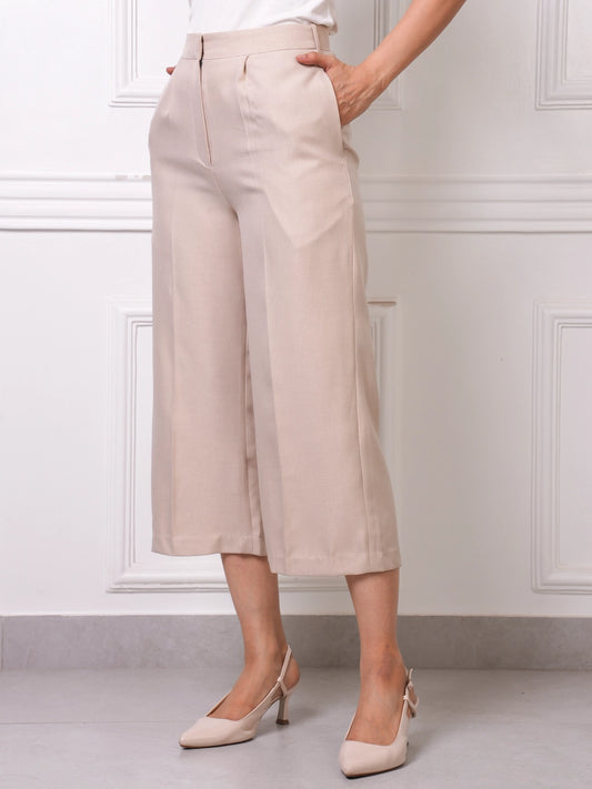 Beige Linen Blend High-Waist Pleated Culottes