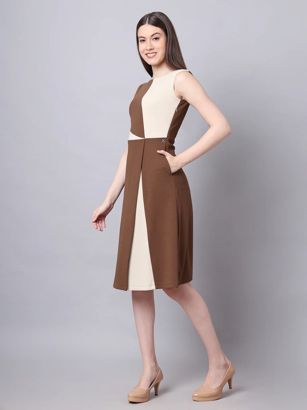 Exude Vibrant Versatility Colour Block A-line Dress Coffee Dresses