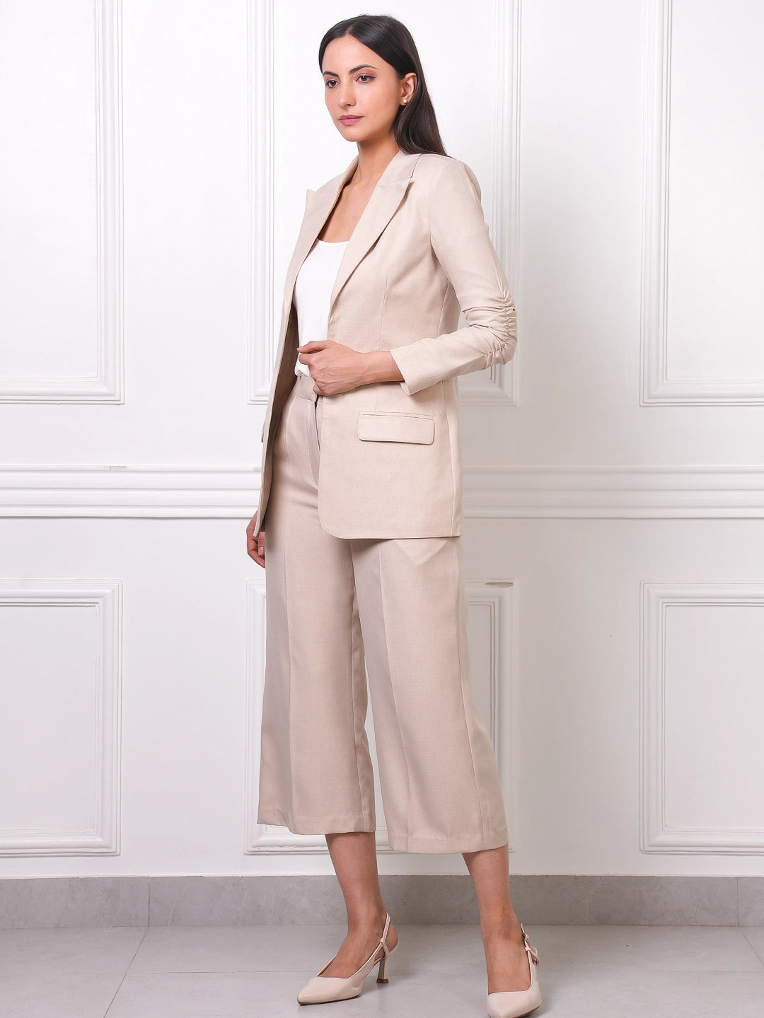 Exude Beige Linen Blazer &amp; Culottes Co-ord Set
