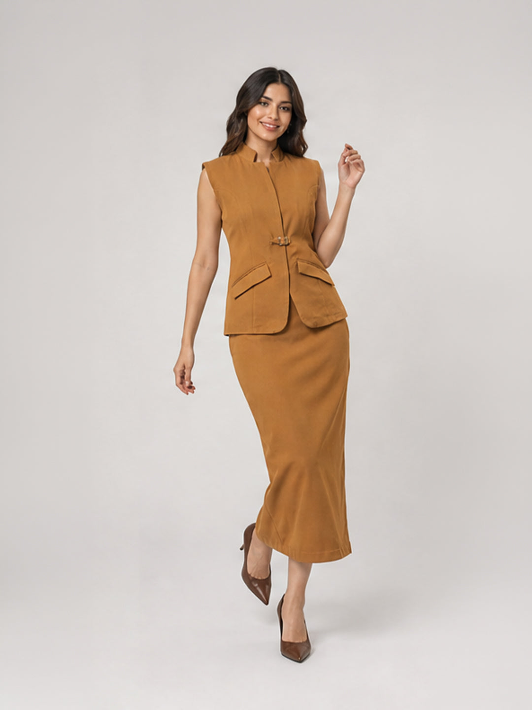 Buckle-Detail Peplum Top &amp; Pencil Skirt Set