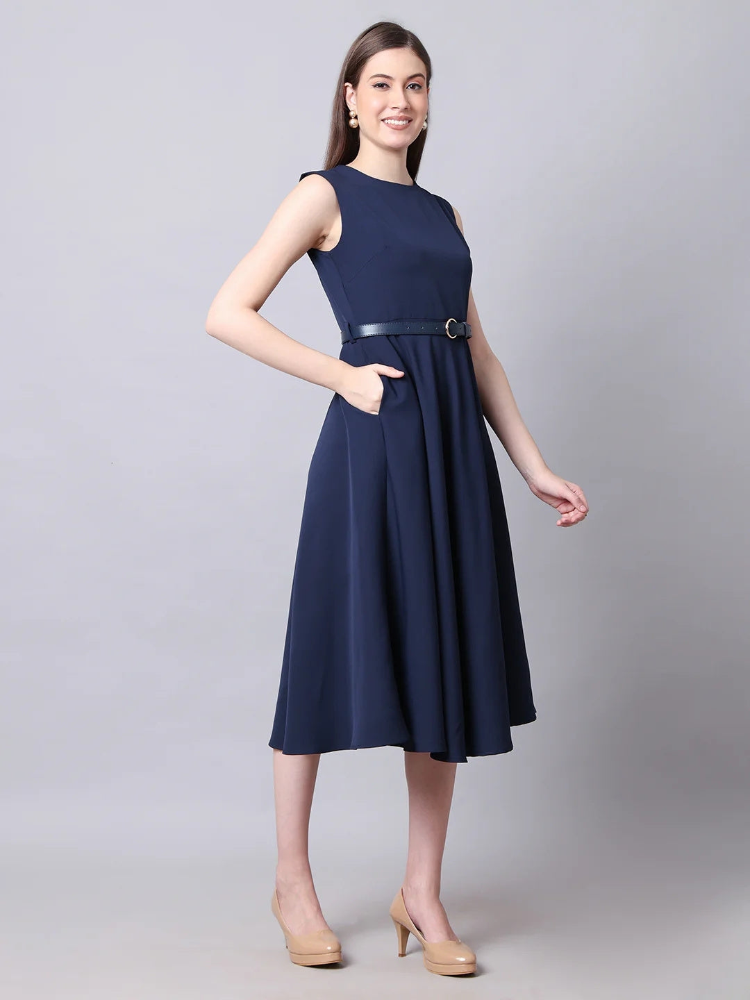 Exude Warmth Fit &amp; Flare Dress with Belt Navy Dresses