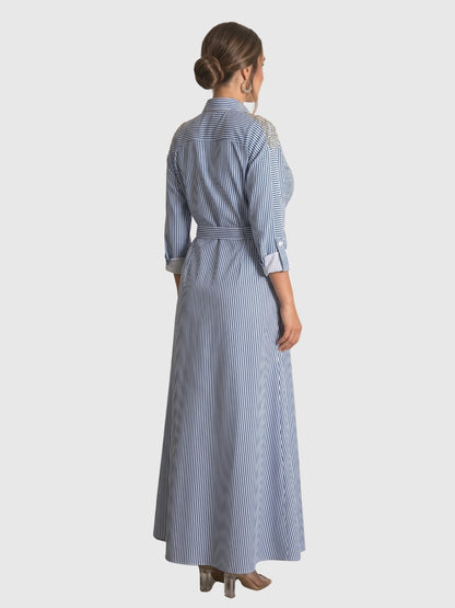 Exude Riviera Embellished Stripe Shirt Maxi Dress