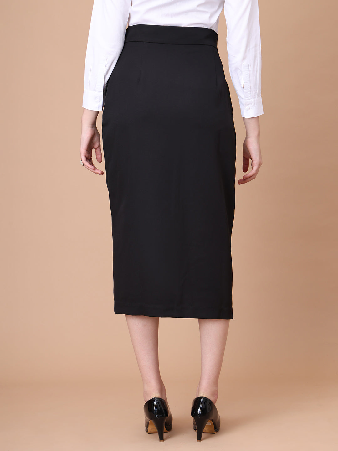 Exude Unstoppable Grace Midi Skirt With Front Slit (Black)