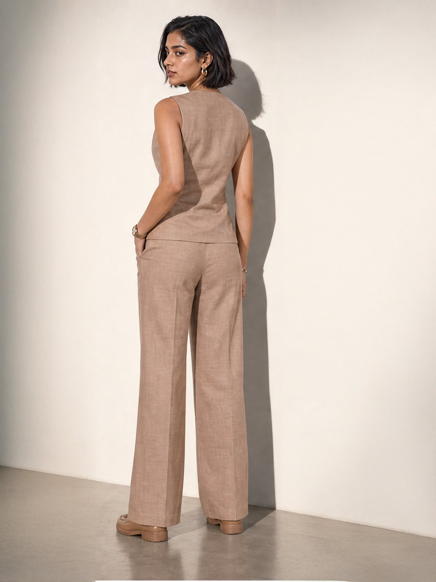 Exude Golden Hour Glam 2 Piece Linen Co-ord Set With Gold Button Detail