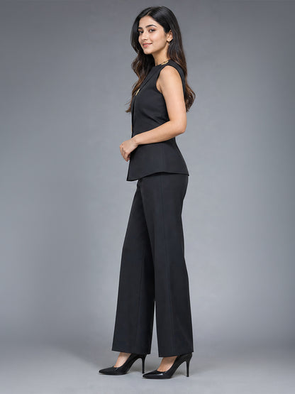 Black Asymmetric Waistcoat Top &amp; Wide Leg Trouser Co-ord Set with Gold Button Detail