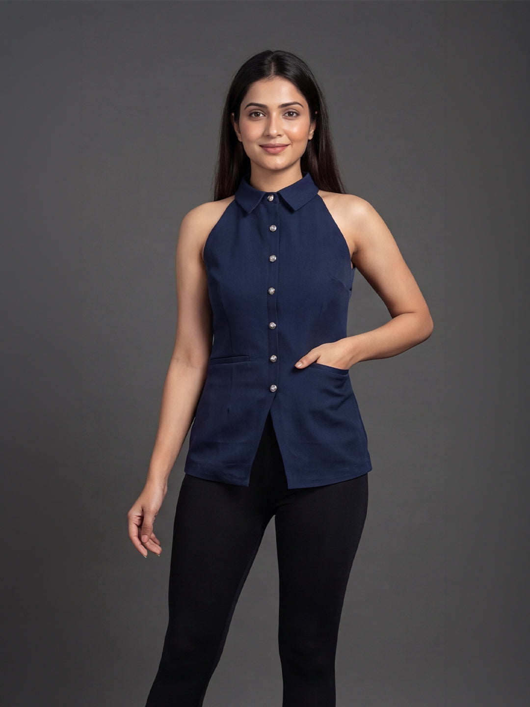 Navy Blue Halter Neck Button-Down Top