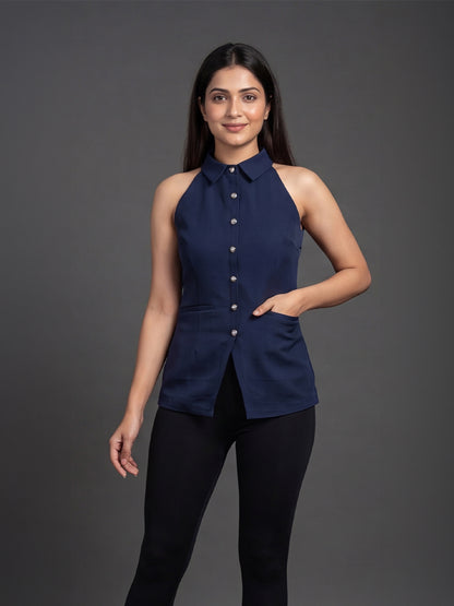 Navy Blue Halter Neck Button-Down Top