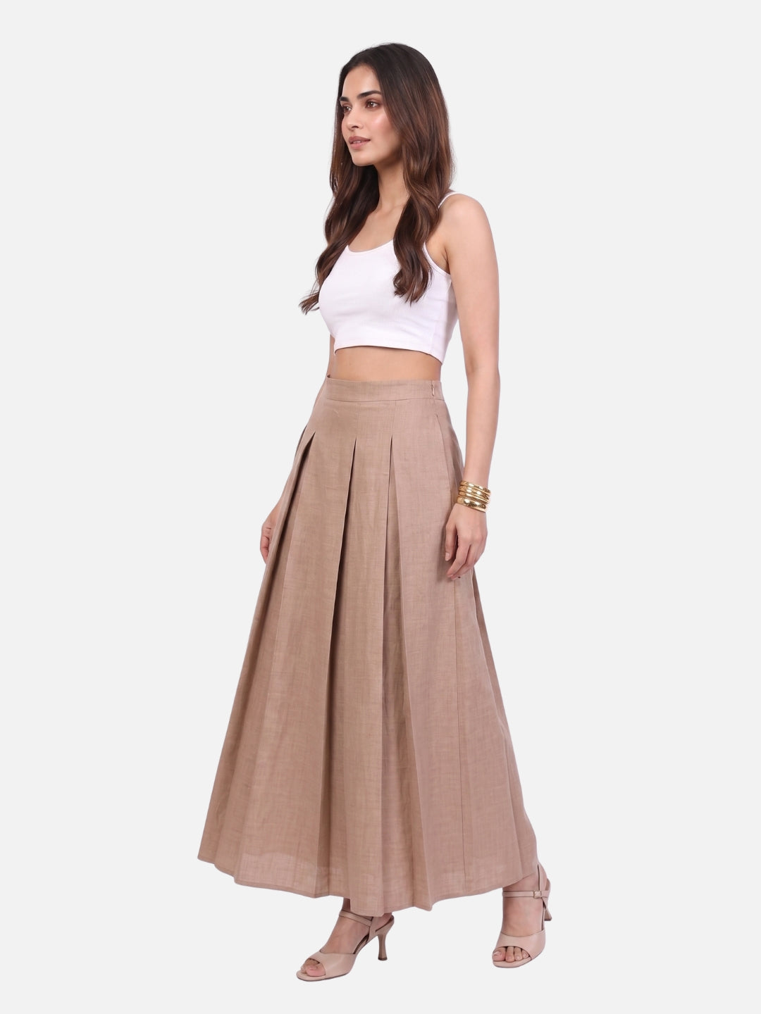 Beige Linen Pleated A-Line Maxi Skirt