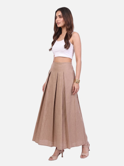 Beige Linen Pleated A-Line Maxi Skirt