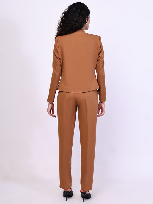Exude Power Mandarin Collar Short Blazer with with Straight Fit Trousers (Tan)